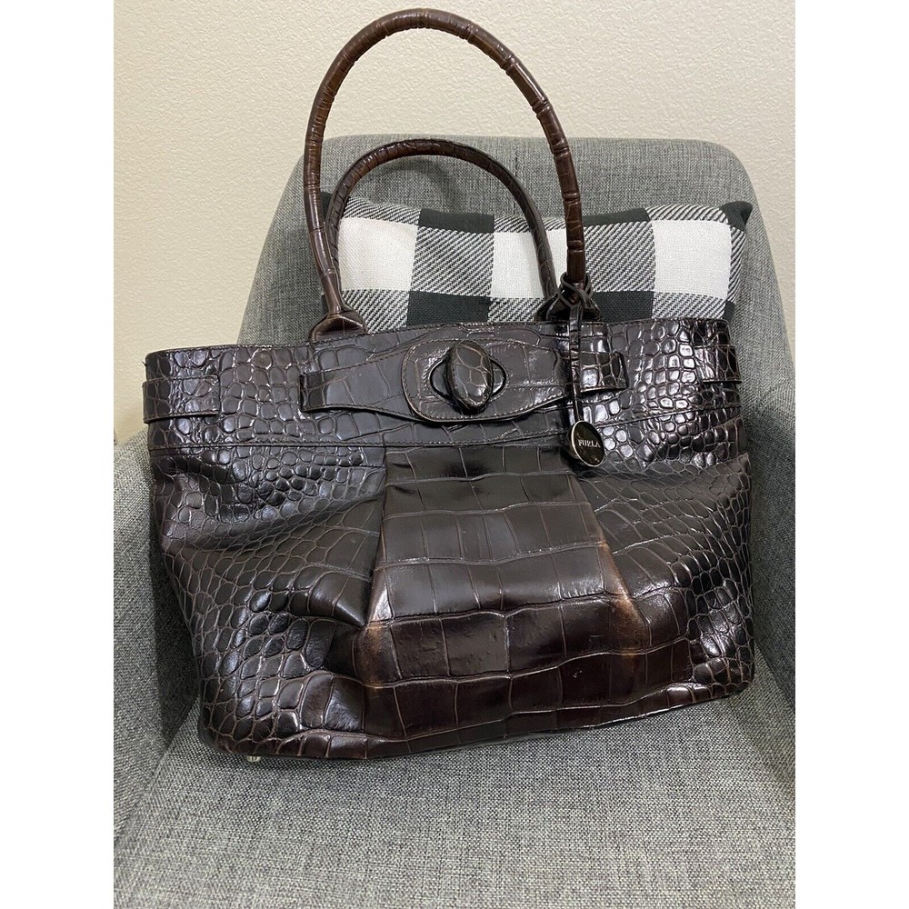 Furla Luxury Italian Womens Leather Croc Satchel Tote Hand Bag Brown